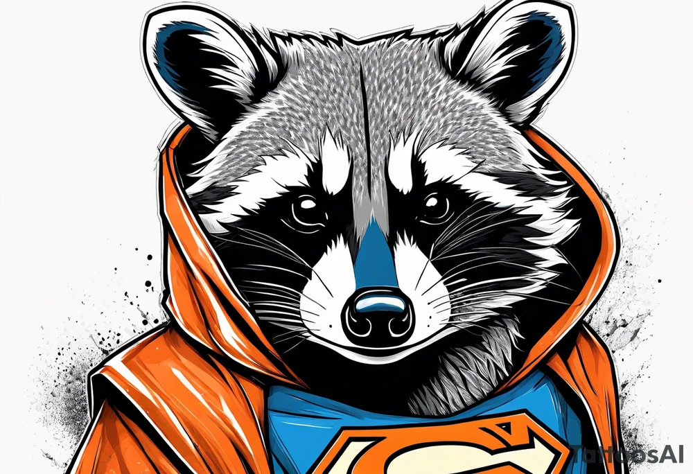 Raccoon wearing an orange Superman hoodie tattoo idea