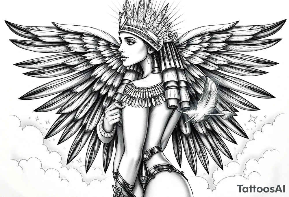 Beautiful Egyptian goddess with a curvy sexy body. She is a regal woman with an ostrich feather headdress, and intricate ancient Egyptian jewelry such as the Anhk necklace. Background includes something similar to heaven. Incorporate the Scales of Justice—one side holding a heart, the other Ma’at’s feather—glowing with ethereal energy. Emphasize dramatic lighting, deep shadows, and surreal, mystical atmosphere tattoo idea