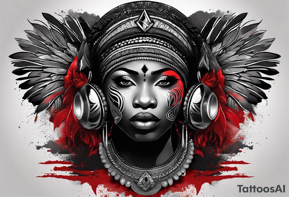 homem divindade africano realista em preto e cinza com os olhos brancos e fundo com tons de vermelho usando na mão um falo com cabaças penduradas tattoo idea