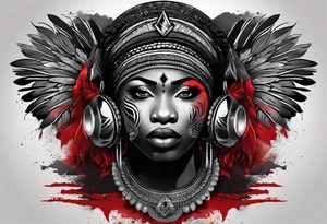 homem divindade africano realista em preto e cinza com os olhos brancos e fundo com tons de vermelho usando na mão um falo com cabaças penduradas tattoo idea