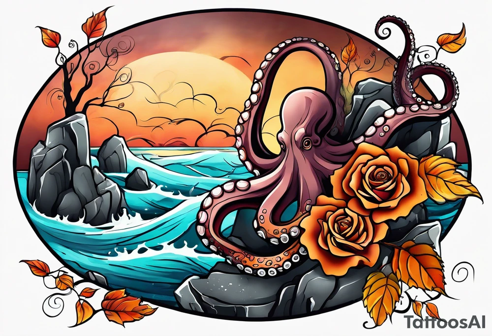 masculine abstract left thigh tattoo with a large octopus in water swirls wrapping around rocks, a rose, in fall colors with some small leaves and fall elements tattoo idea