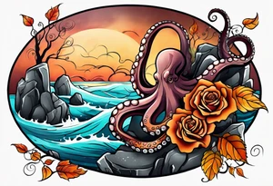 masculine abstract left thigh tattoo with a large octopus in water swirls wrapping around rocks, a rose, in fall colors with some small leaves and fall elements tattoo idea