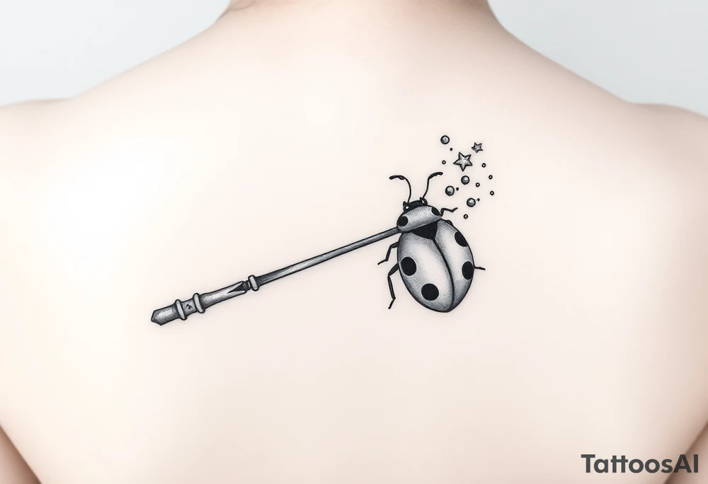 A ladybug getting out of hermione's magic wand like it was a spell. Magic dust all around the wand that looks almost smoky. I also want some small details around it that would make a piggyback on harry potter's movie like harry's glasses, a lightning, the golden snitch, etc... tattoo idea