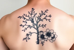 rowan tree tattoo with berries and large florals tattoo idea