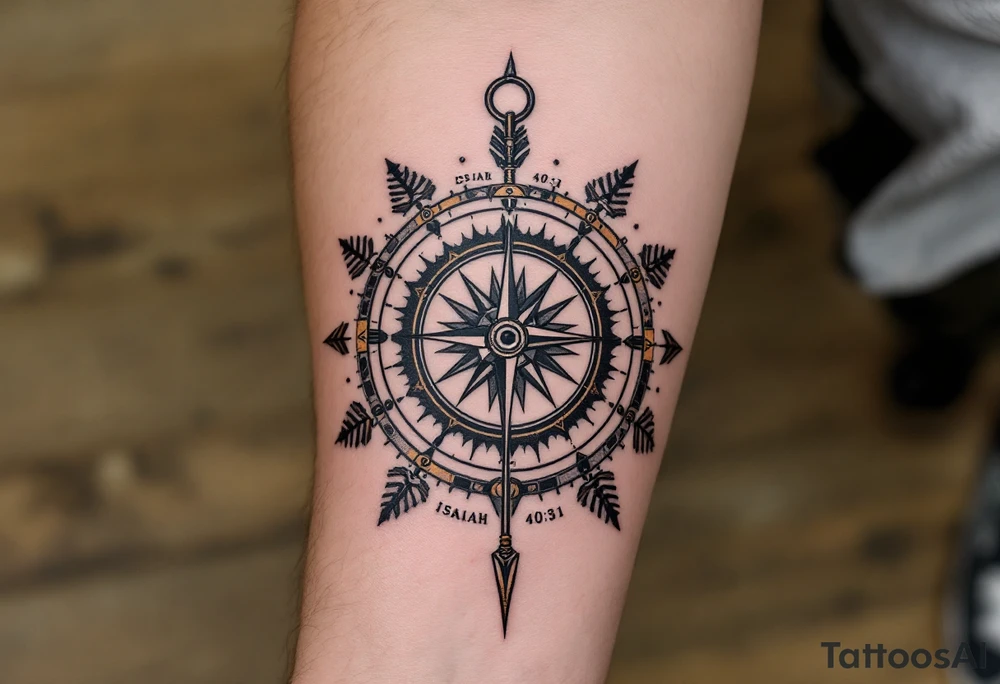 steampunk half compass half clock with a long native American arrow pointing at my wrist and saying "Isaiah 40:31" tattoo idea