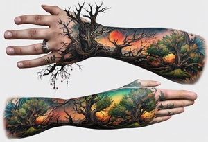 A religious christian forearm tattoo portraying redemption represented by a tree progressing from death to life tattoo idea