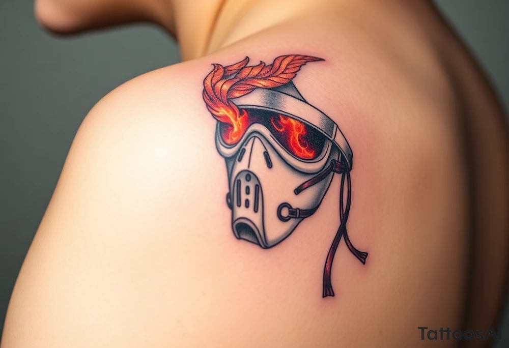 A detailed breathing mask with fire reflecting in the visor tattoo idea