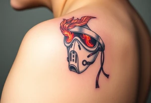 A detailed breathing mask with fire reflecting in the visor tattoo idea