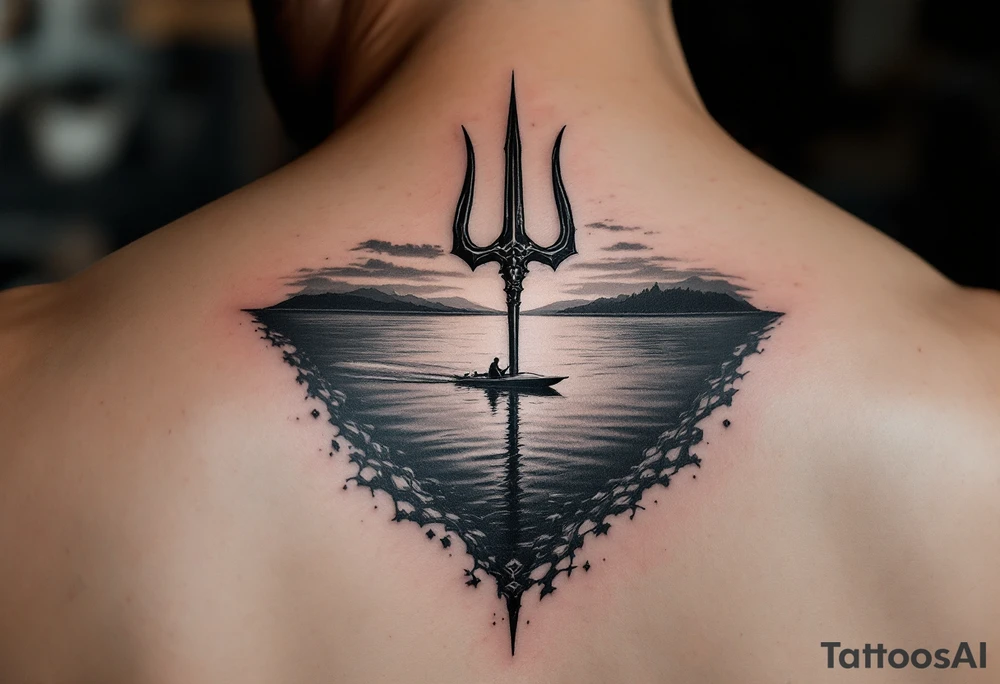 trident half way under calm water with skiboat and sunset tattoo idea