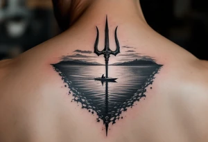 trident half way under calm water with skiboat and sunset tattoo idea