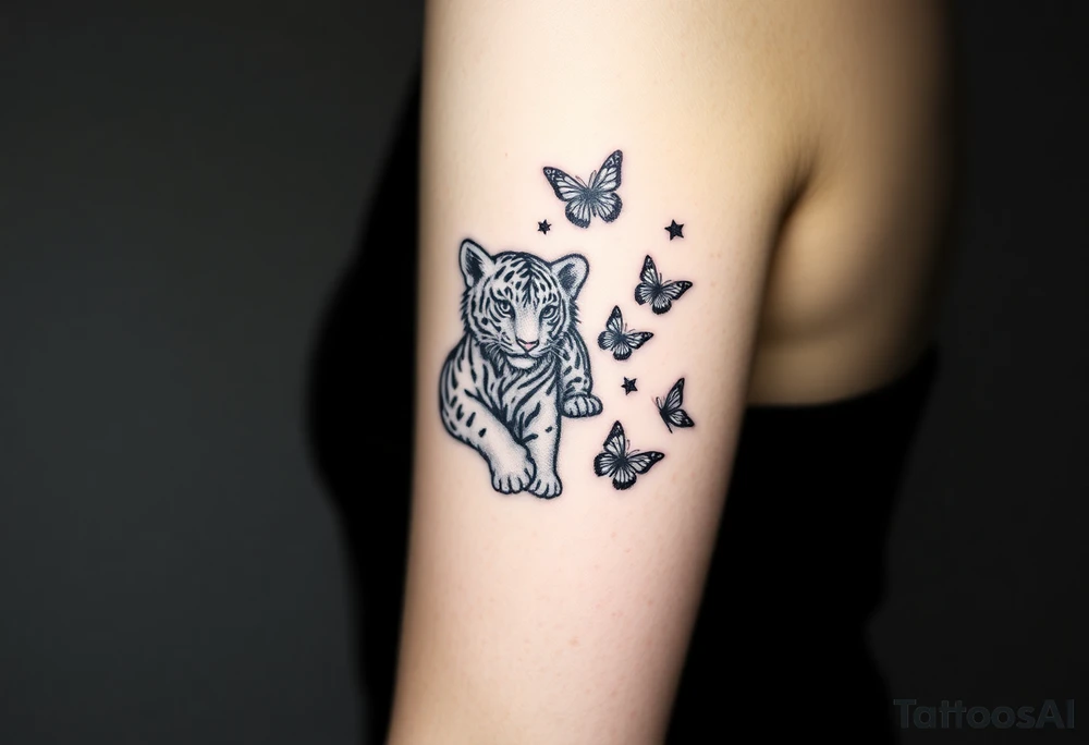 Tiger cub playing with butterflies tattoo idea