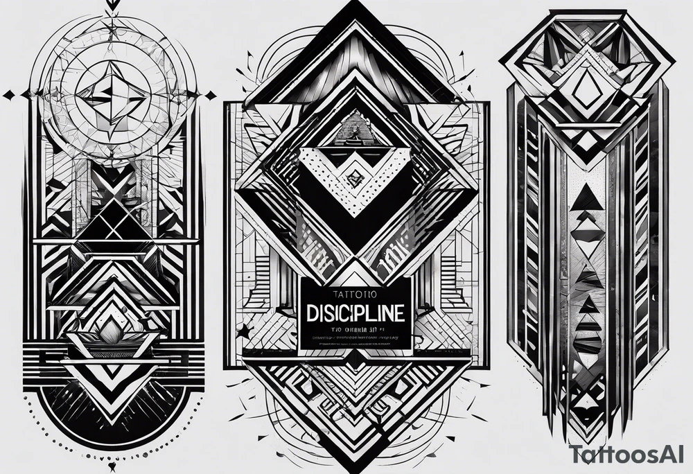 motivational depiction centered around the bold word “DISCIPLINE”, accompanied by phrases like “Be yourself”, “Get out of your mind”, and “Your time is limited”, along with a geometric illustration and radiating lines. tattoo idea