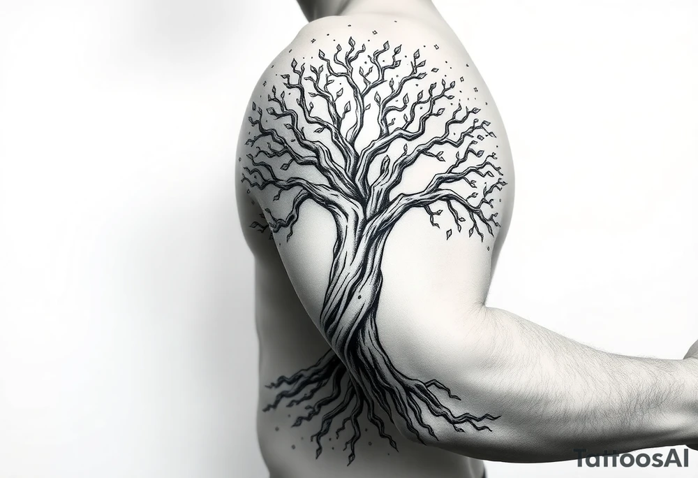 mystical tree of life with cosmic roots and celestial branches tattoo idea
