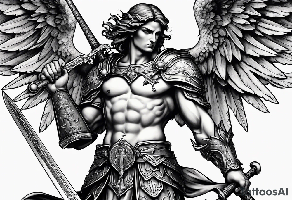 full body saint michael holding a sword slaying a demon tattoo idea