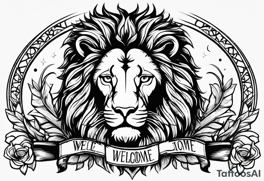 Lion laying own horizontally smiling and a text overlay saying "Welcome" tattoo idea