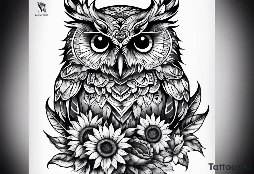 Black and white owl with sunflowers leg sleeve tattoo idea