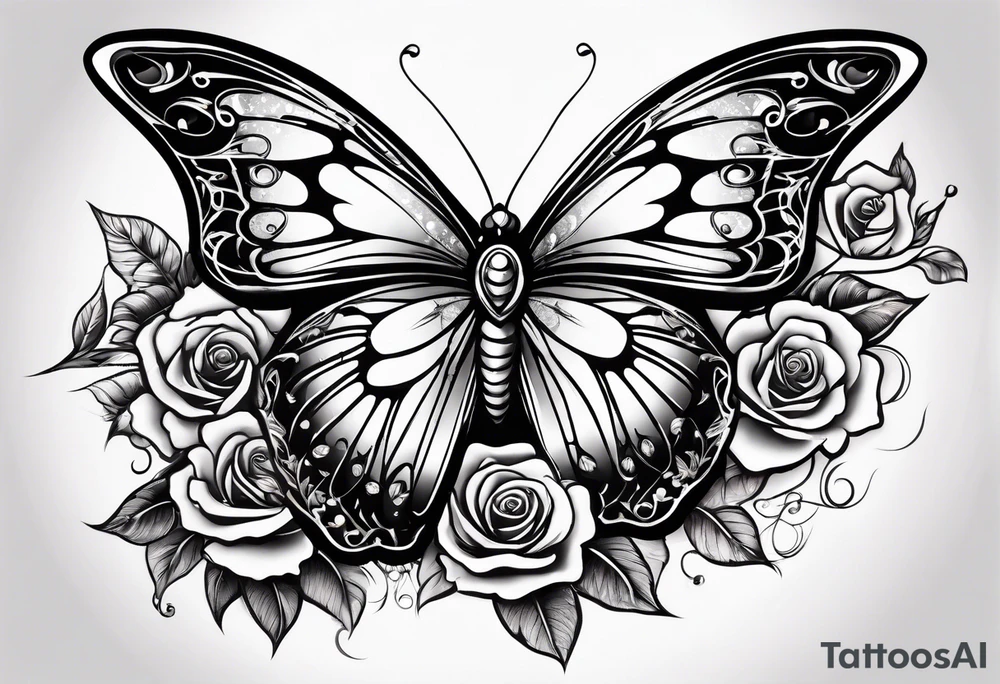 Butterfly flying with roses & filligree tattoo idea