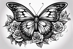 Butterfly flying with roses & filligree tattoo idea