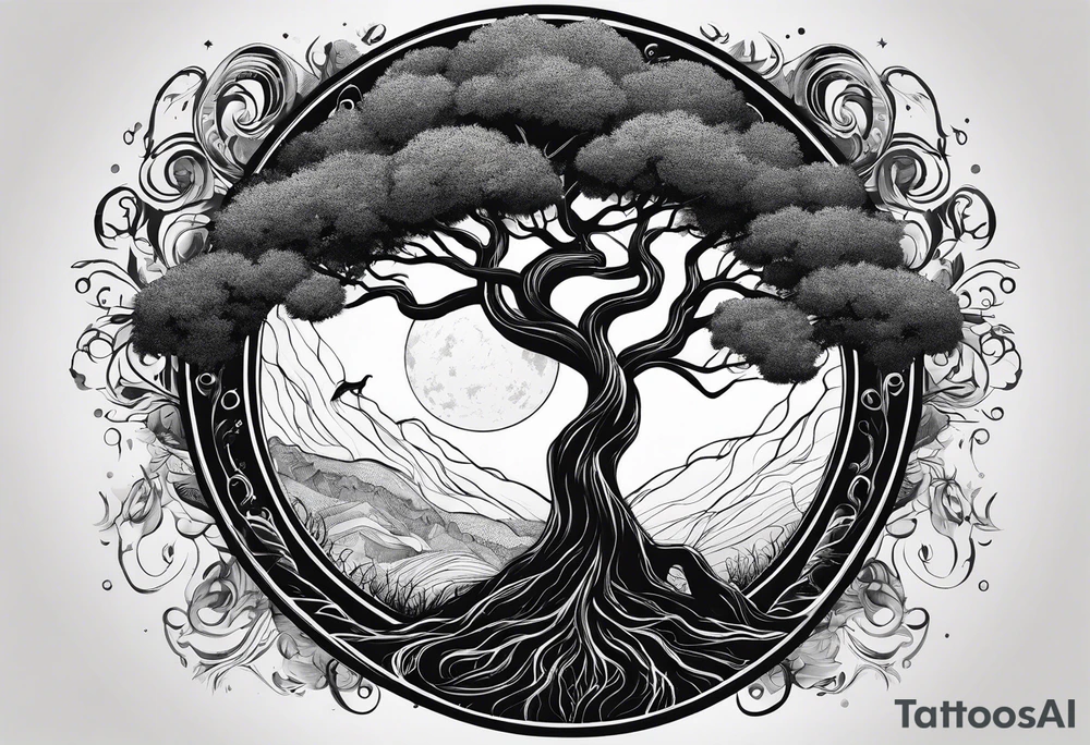 circle of life tree
the roots of the tree wrapped around a planet
the planet is below the tree
the roots of the tree are wrapped around the planet tattoo idea