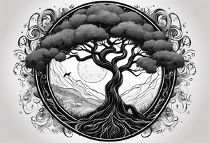 circle of life tree
the roots of the tree wrapped around a planet
the planet is below the tree
the roots of the tree are wrapped around the planet tattoo idea