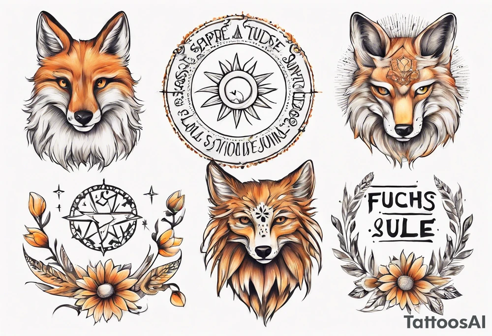 Fuchs und Eule unter der Sonne mit dem Schriftzug Sapere Aude tattoo idea