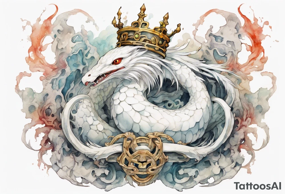 a white bird-serpent hybrid, wearing a iron crown, wrapped around a stone tattoo idea