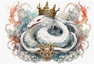 a white bird-serpent hybrid, wearing a iron crown, wrapped around a stone tattoo idea