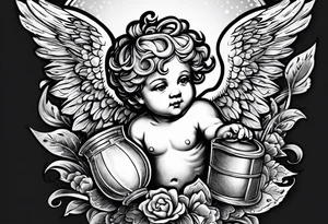 a cherub holding a money bag tattoo idea