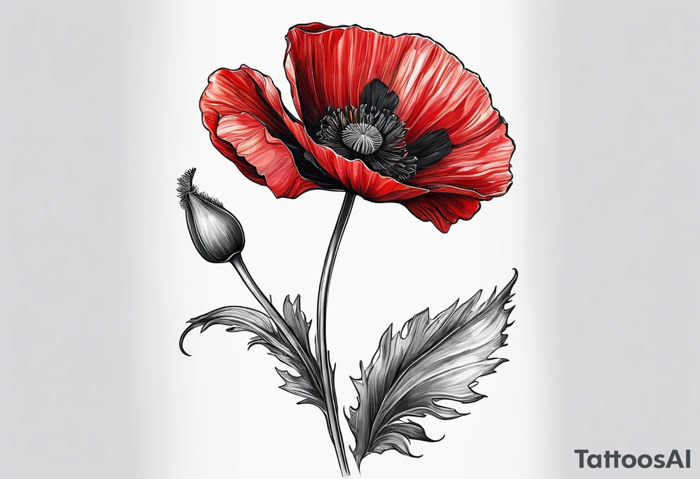Red poppy flower with long stem tattoo idea