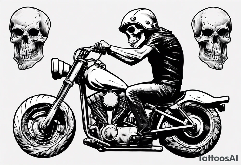 Skull riding motorcycle along the beach tattoo idea