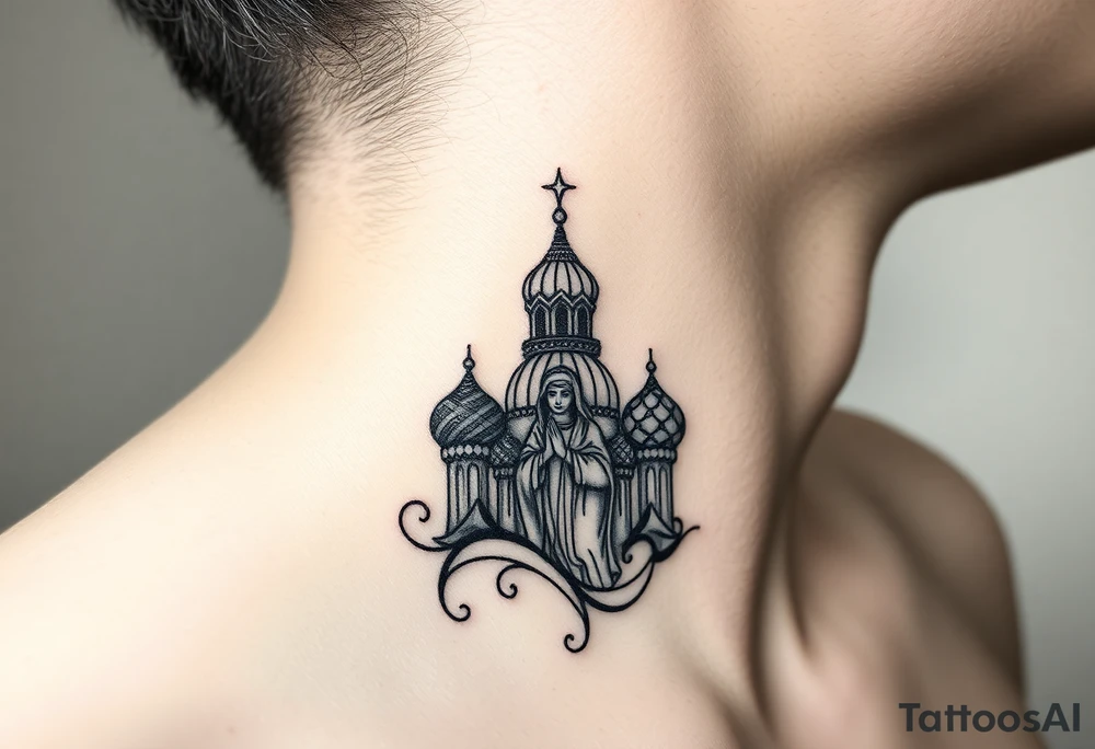 Flowing Scene

A single onion dome rising up toward the ear
Virgin Mary in prayer pose wrapping around the lower neck curve
A small eagle or just the star tucked above the dome near the hairline tattoo idea