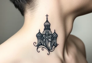 Flowing Scene

A single onion dome rising up toward the ear
Virgin Mary in prayer pose wrapping around the lower neck curve
A small eagle or just the star tucked above the dome near the hairline tattoo idea