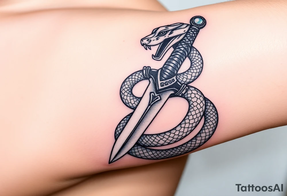 mystical snake coiled around an ancient dagger with jeweled hilt tattoo idea