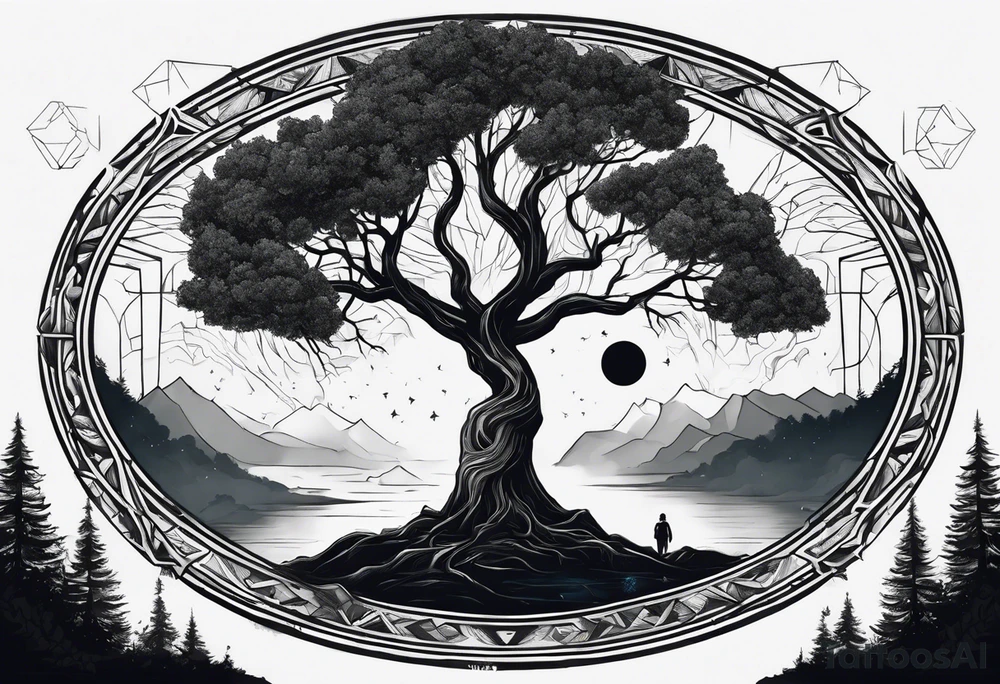 dead friend named alejandro with a tree connecting the sky and earth. with number 8 in it tattoo idea