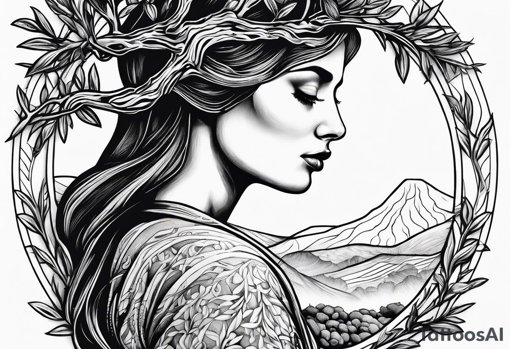 a woman turning herself in an olive tree tattoo idea