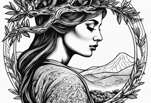 a woman turning herself in an olive tree tattoo idea