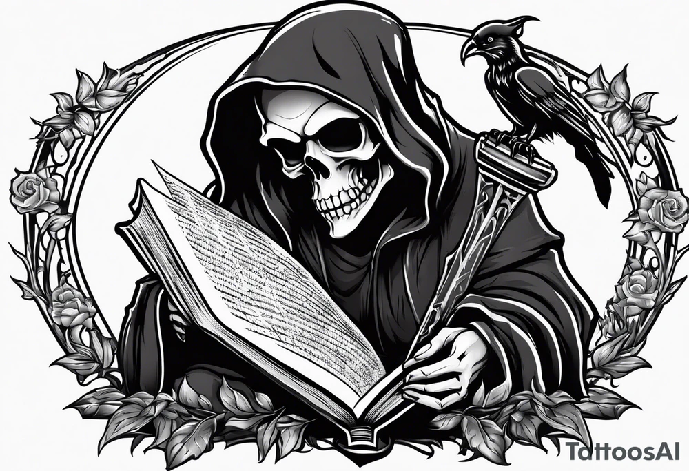cute grim reaper sitting down reading books tattoo idea