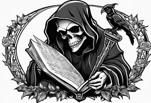 cute grim reaper sitting down reading books tattoo idea