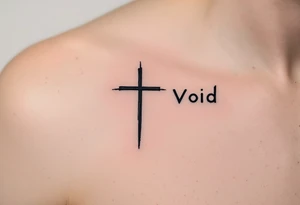 A deep black cross under a man’s right eye, in simple linework, next to the word "Void" on the other side in minimal, spaced-out letters. tattoo idea
