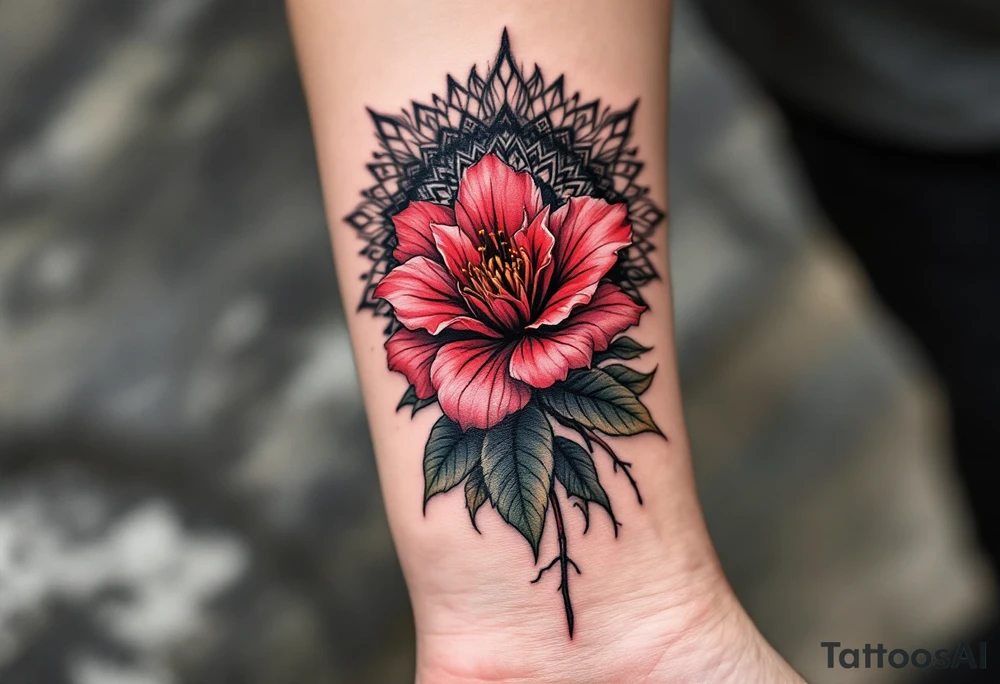 red  and black rhododendron trippy with mandala behind tattoo idea