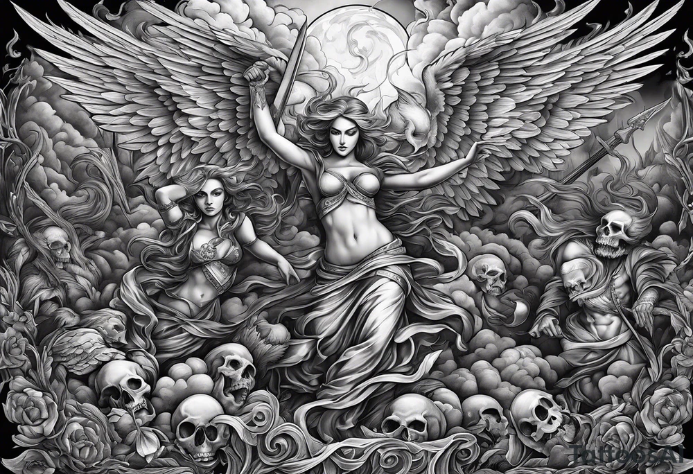 Angels fighting demons over fire with skulls in the background tattoo idea