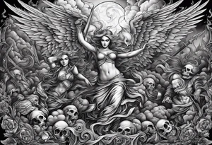 Angels fighting demons over fire with skulls in the background tattoo idea