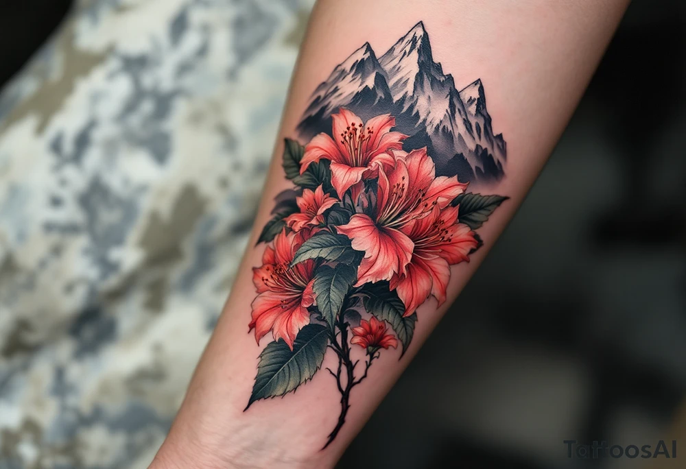 red  and black rhododendron trippy with Himalayas behind tattoo idea