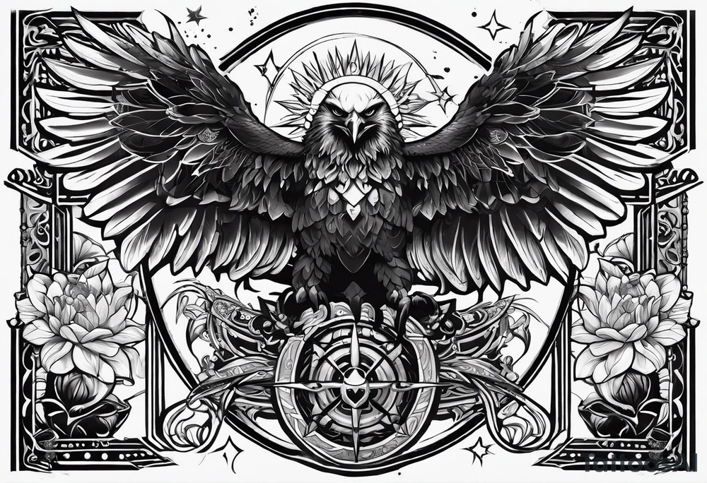black kali, goddess pirate, alien, pachamama, valkrye, warrior, skull, lotus azul, wing, eagle, zenza resonance, stars, one side chest tattoo idea