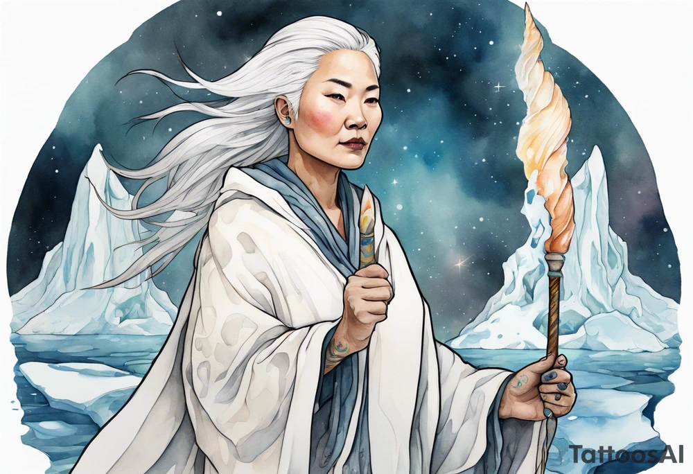 a 40 year old Inuit woman with white hair and a white robe holding a wand made from a unicorn horn, standing on an iceberg tattoo idea