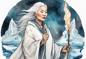 a 40 year old Inuit woman with white hair and a white robe holding a wand made from a unicorn horn, standing on an iceberg tattoo idea