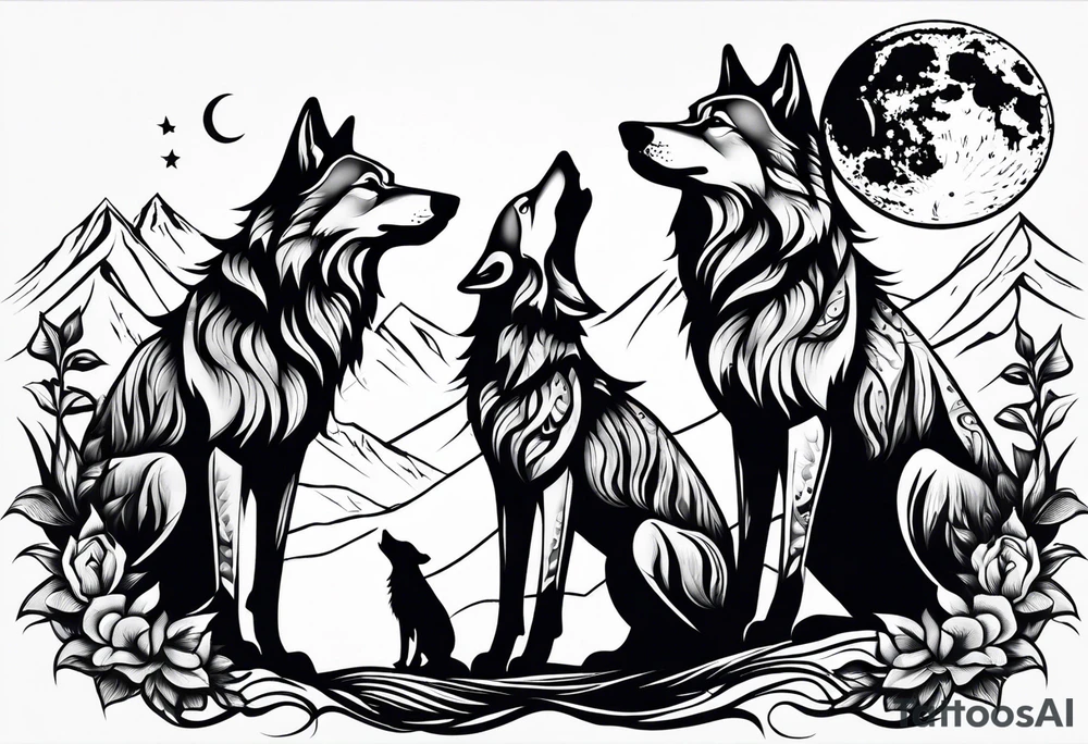 family of wolves (dad, mom, son, daughter) howling tattoo idea