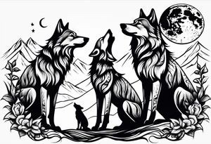 family of wolves (dad, mom, son, daughter) howling tattoo idea