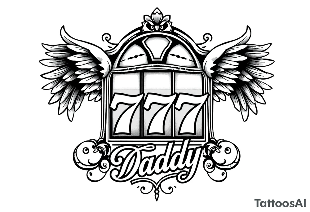 Slot machine with 777 with angel wings and word Daddy tattoo idea