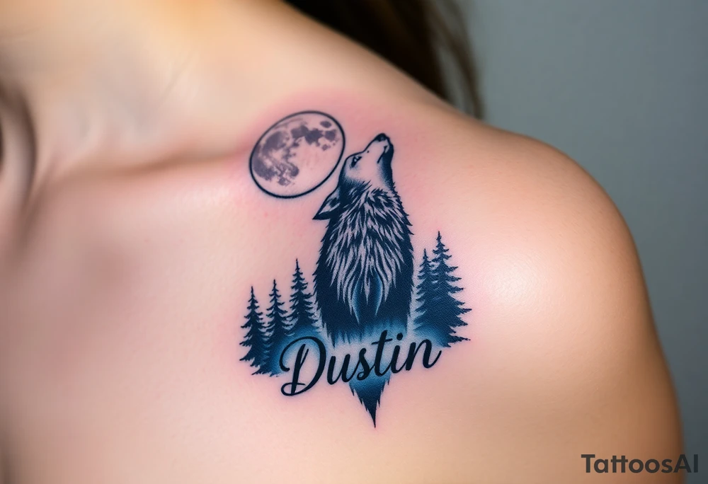 lone wolf howling at full moon with northern lights backdrop with name Dustin in it tattoo idea